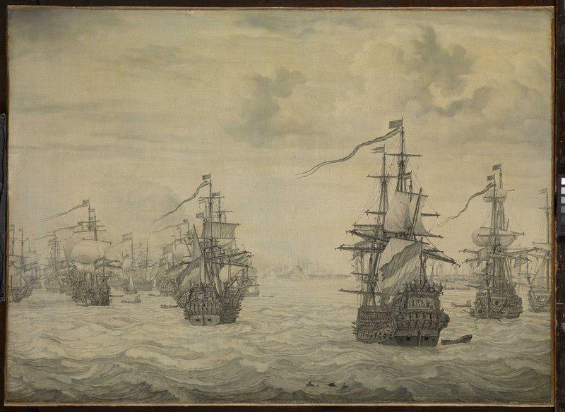 Historical painting featuring a fleet of sailing ships in rough waters under a cloudy sky.