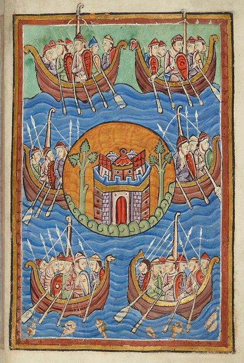 Medieval manuscript illustration depicting Viking ships surrounding a fortified city, featuring soldiers with shields and spears, from the life of St. Edmund