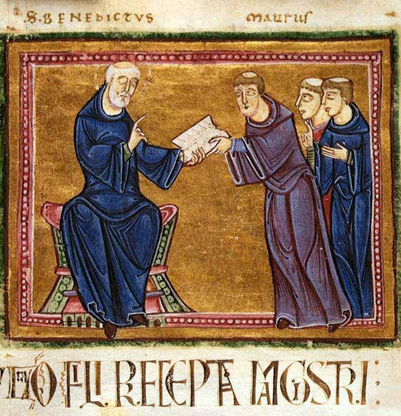 Medieval manuscript illustration of Saint Benedict presenting his monastic rule to Benedictine monks, featuring gold leaf decoration and Romanesque artistic style.
