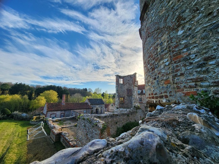 View across the ruins of Stiffkey Old Hall, a historic Tudor manor on the North Norfolk Coast, Norfolk.