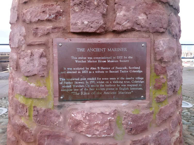 Commemorative plaque for The Ancient Mariner statue at Watchet Harbour, Somerset